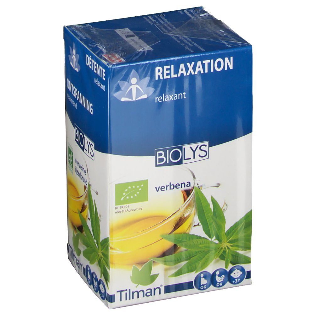 Emballage Biolys Verveine. Inscriptions : Biolys, Verveine, label bio. Verre avec herbes et liquide. Emballage bleu et blanc.