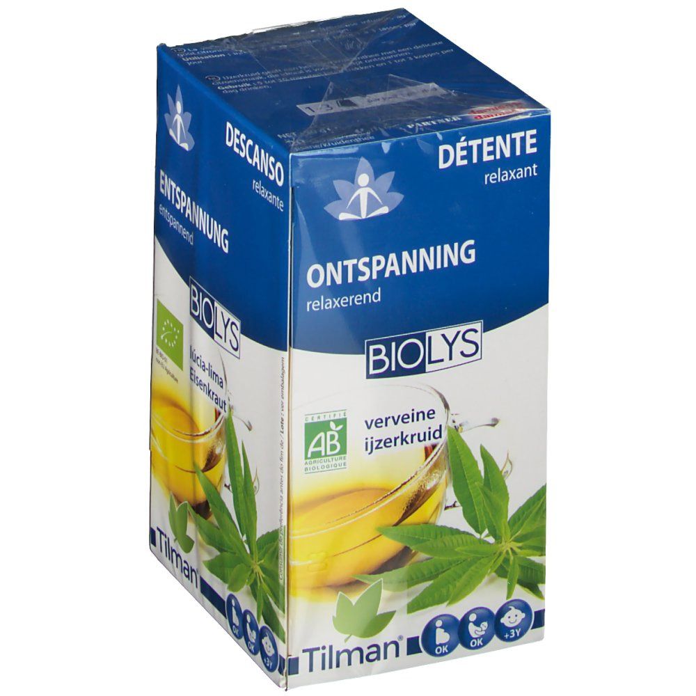 Emballage Biolys Verveine. Inscriptions : Biolys, Verveine, label bio. Verre avec herbes et liquide. Emballage bleu et blanc.