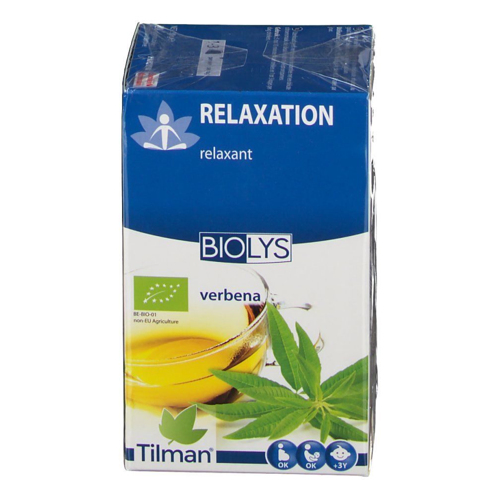 Emballage Biolys Verveine. Inscriptions : Biolys, Verveine, label bio. Verre avec herbes et liquide. Emballage bleu et blanc.