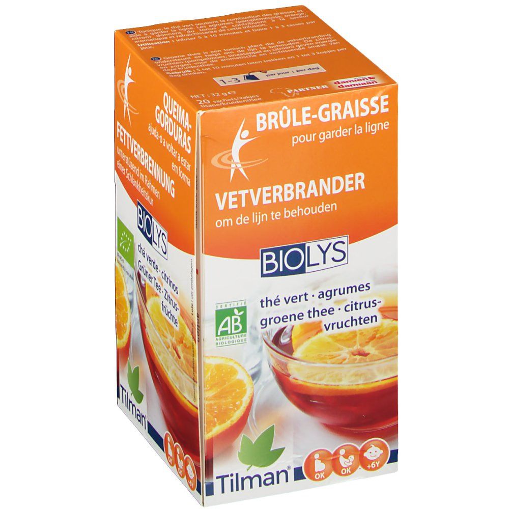 Boîte de Biolys Thé Vert Aux Agrumes. Design orange et blanc, nom du produit et illustrations d'agrumes. Certification AB.