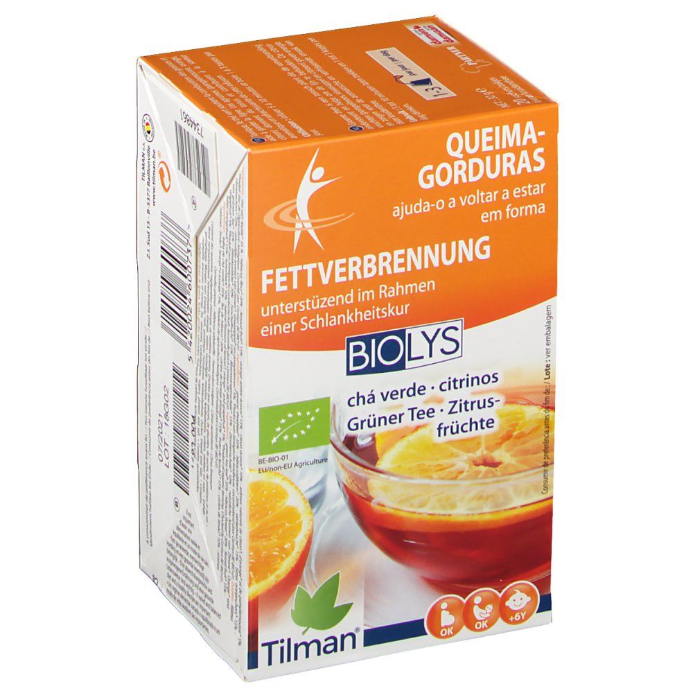 Boîte de Biolys Thé Vert Aux Agrumes. Design orange et blanc, nom du produit et illustration d'agrumes. Certification AB.