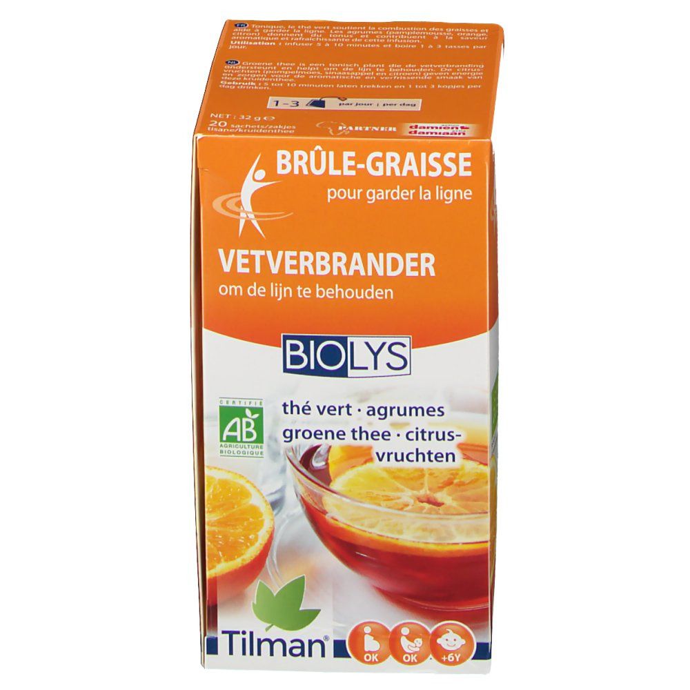 Boîte de Biolys Thé Vert Aux Agrumes. Design orange et blanc, nom du produit et illustration d'agrumes. Certification AB.