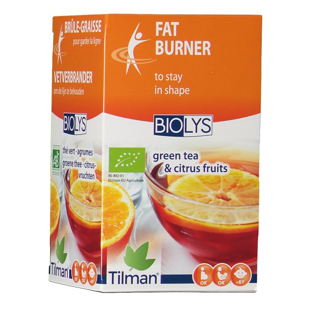 Boîte de Biolys Thé Vert Aux Agrumes. Design orange et blanc, nom du produit et illustration d'agrumes. Certification AB.
