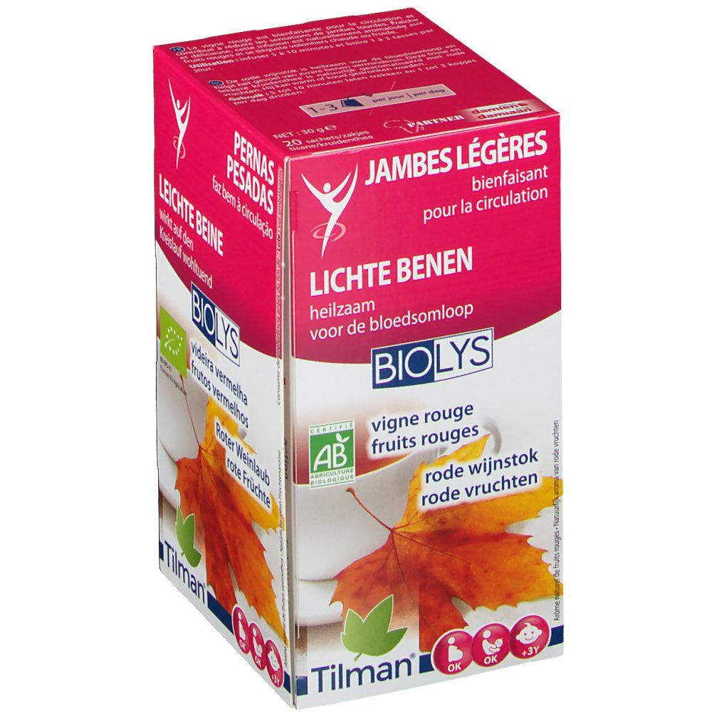 Verpakking 'Biolys Vigne Rouge - Fruits Rouges'. Rood design, blad, AB bio-certificering. Meertalige tekst.