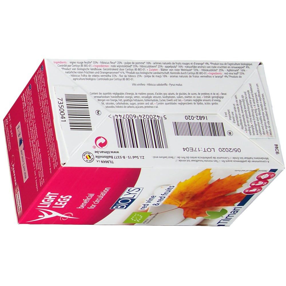 Onderkant verpakking 'Biolys Vigne Rouge - Fruits Rouges'. Barcode, tekst, lotnummer en ingrediëntenlijst.