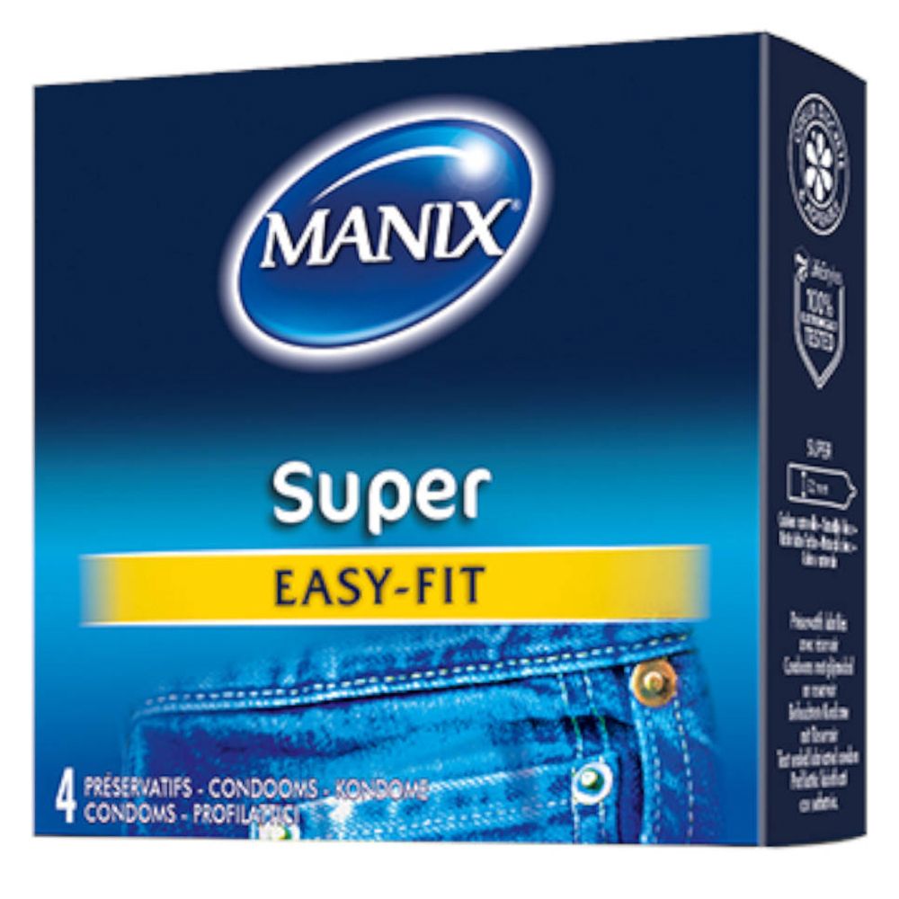 Boîte Manix Super Easy-Fit bleue avec nom du produit, bande jaune et motif jean. Contient 4 préservatifs.