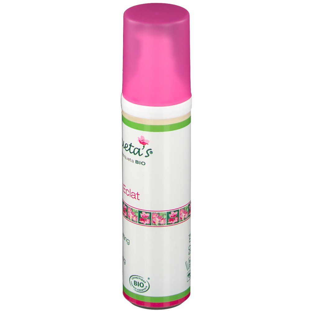 Creme-Flasche mit rosa Deckel. Aufschrift: Mosqueta's, Super Eclat, Crema Effetto Lifting, Crème Effet Lifting. Bio-Siegel.