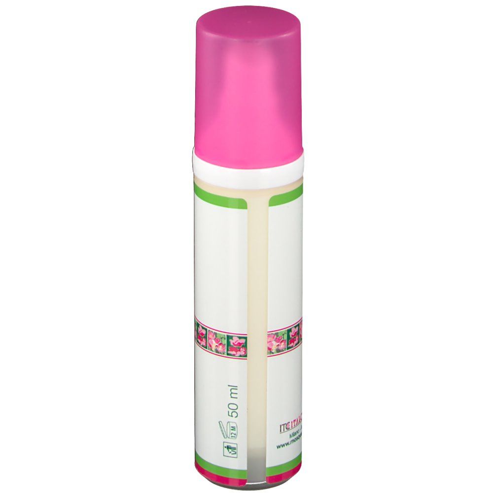 Creme-Flasche mit rosa Deckel. Aufschrift: 50 ml. Logos für Recycling und Umwelt.