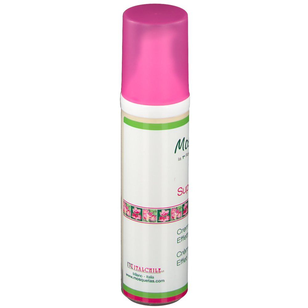 Creme-Flasche mit rosa Deckel. Aufschrift: Mosqueta's, Super Eclat, Crema Effetto Lifting, Crème Effet Lifting. Website-Adresse.