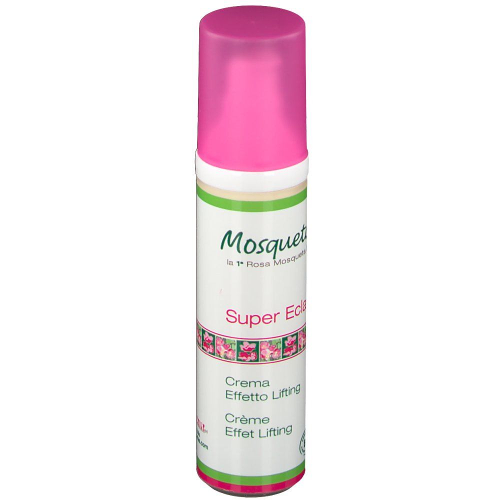 Creme-Flasche mit rosa Deckel. Aufschrift: Mosqueta's, Super Eclat, Crema Effetto Lifting, Crème Effet Lifting. Bio-Siegel.