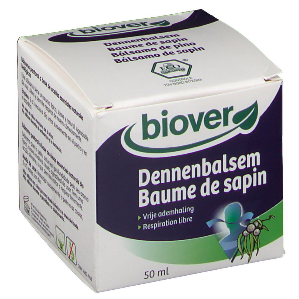 Boîte blanche avec nom et logo du produit. Contient 50 ml. Inscription: Biover Dennenbalsem Baume de sapin.