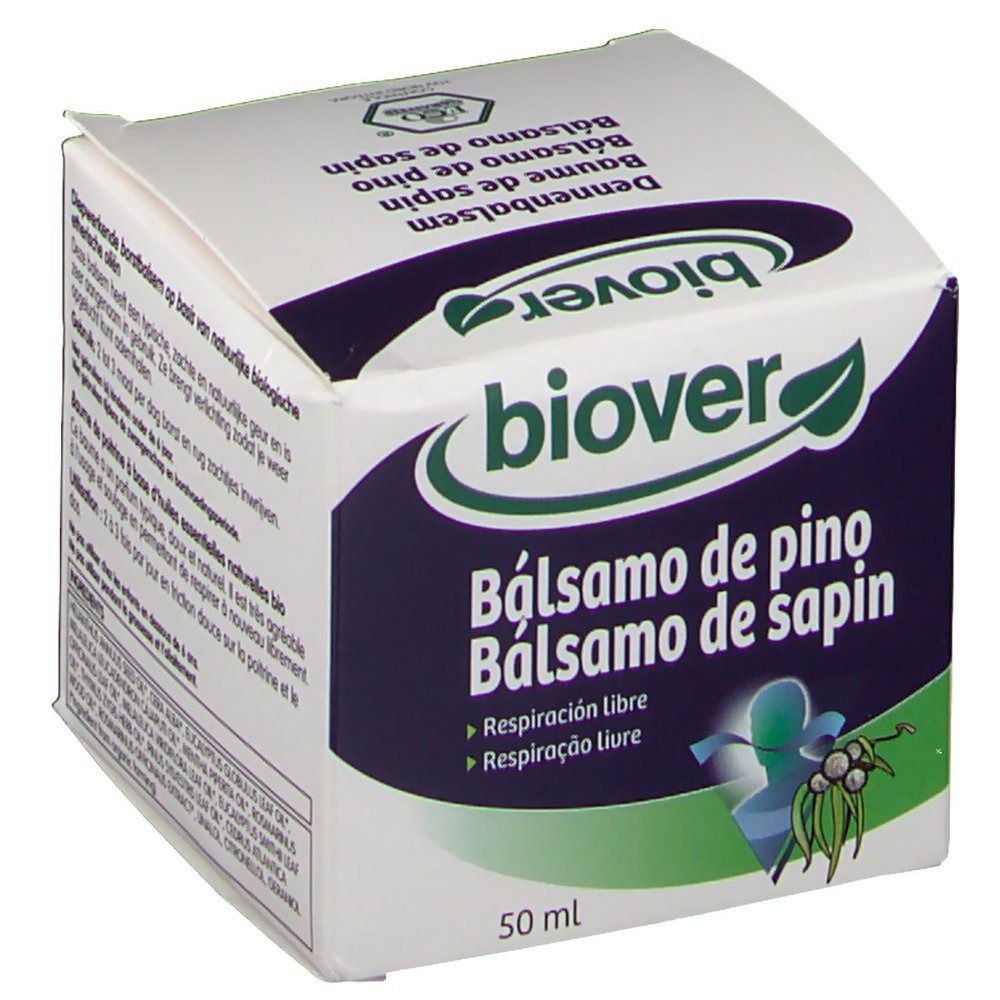 Boîte blanche avec nom et logo du produit. Contient 50 ml. Inscription: Biover Balsamo de pino Baume de sapin.