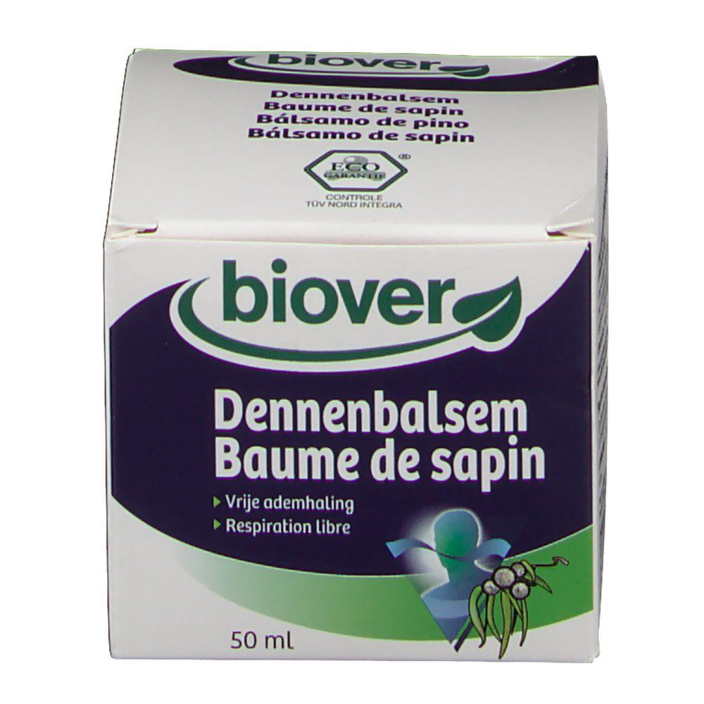 Boîte blanche avec nom et logo du produit. Contient 50 ml. Inscription: Biover Dennenbalsem Baume de sapin.