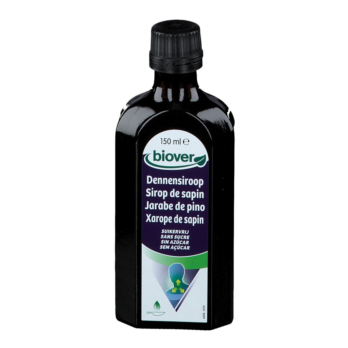 Flacon en verre brun avec bouchon noir. Étiquette avec nom du produit et logo. 150 ml.