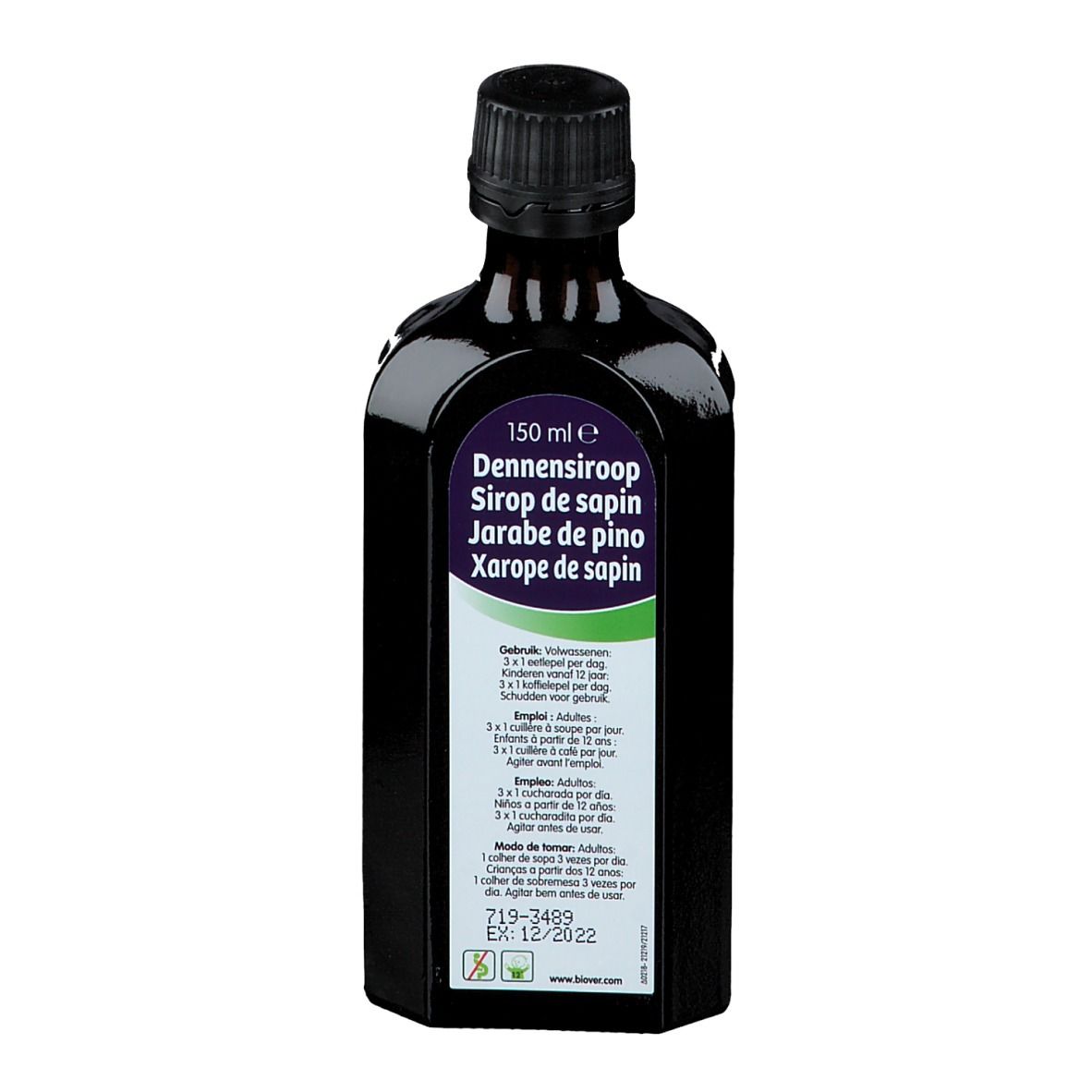 Flacon en verre brun avec bouchon noir. Étiquette avec informations sur le produit et logo. 150 ml.
