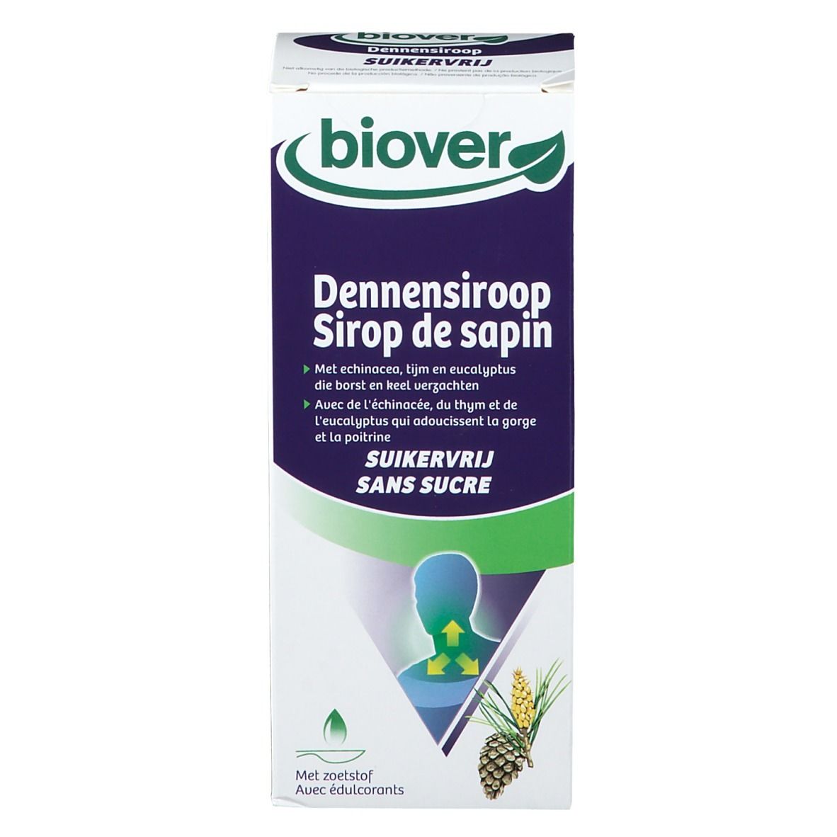Emballage blanc avec nom du produit, logo et illustrations. Accents bleus et verts. Sans sucre.