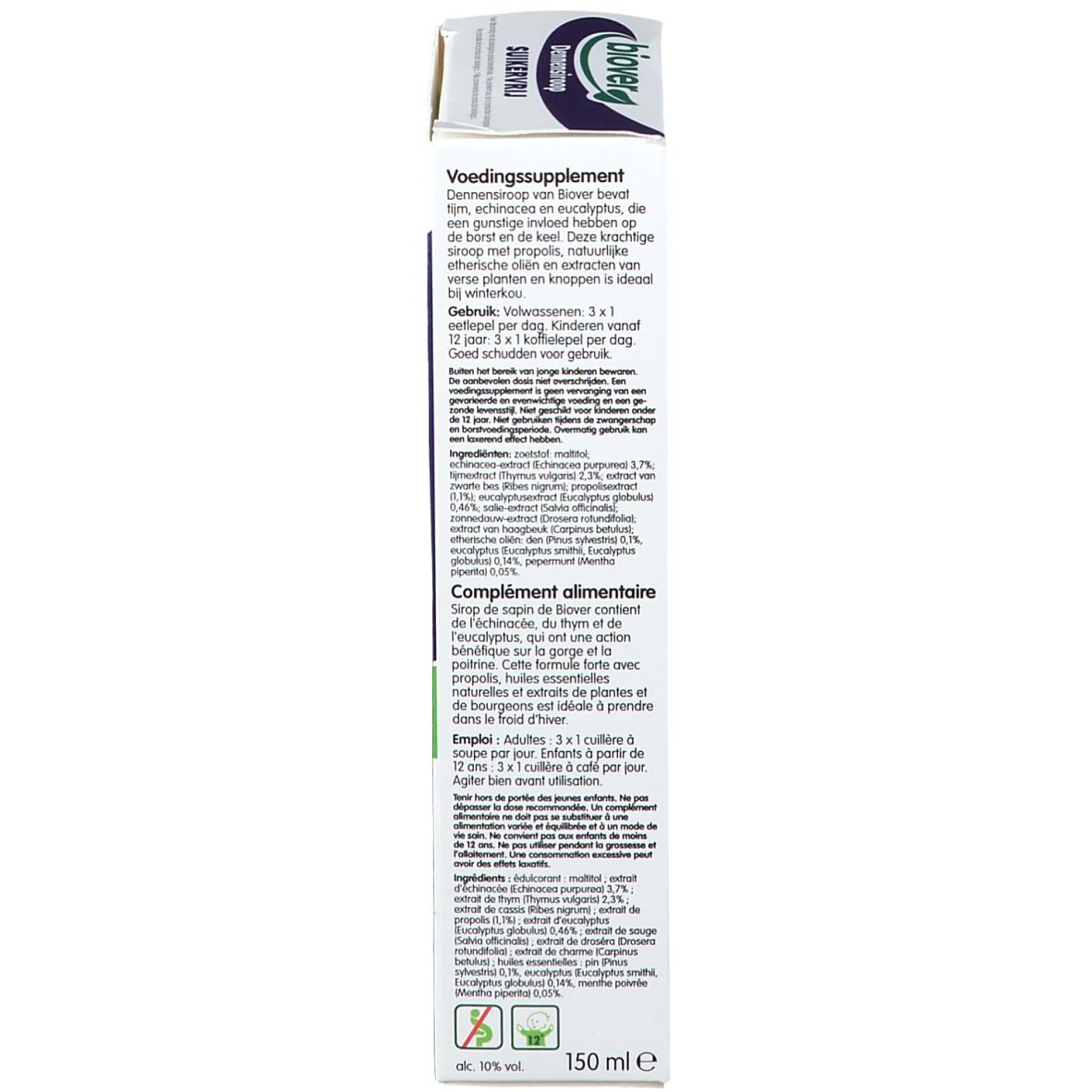 Emballage blanc avec informations sur le produit. Texte en plusieurs langues. Logo et liste des ingrédients.