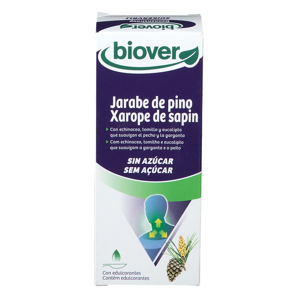 Emballage blanc avec nom du produit, logo et illustrations. Accents bleus et verts. Sans sucre.