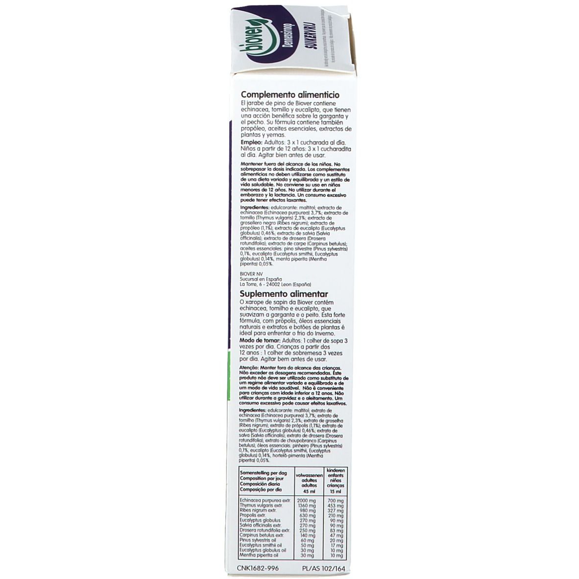 Emballage blanc avec informations sur le produit. Texte en plusieurs langues. Logo et liste des ingrédients.