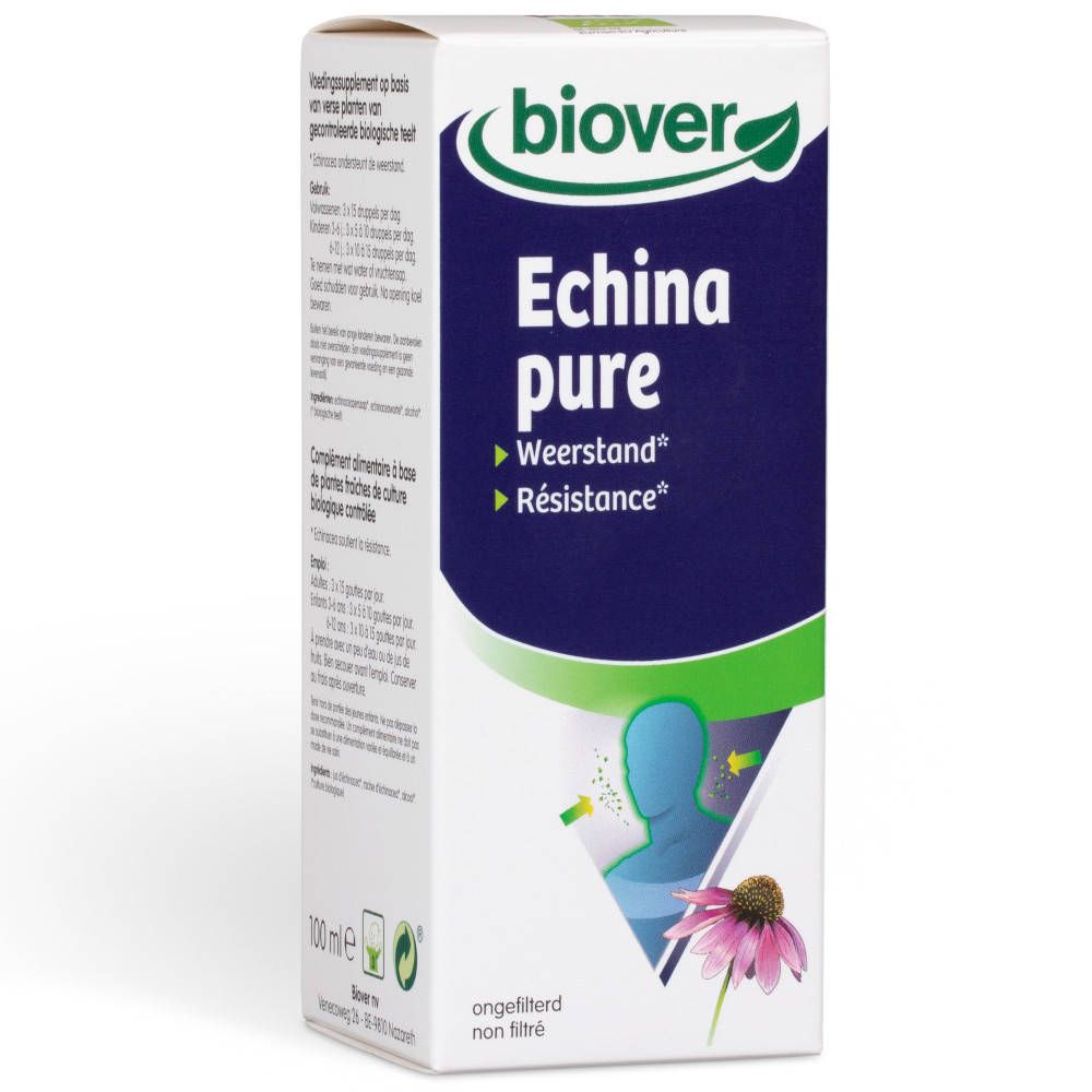 Witte doos met productopdruk. Opschrift: Echina pure, Weerstand, Résistance. Illustratie van een persoon en bloem.