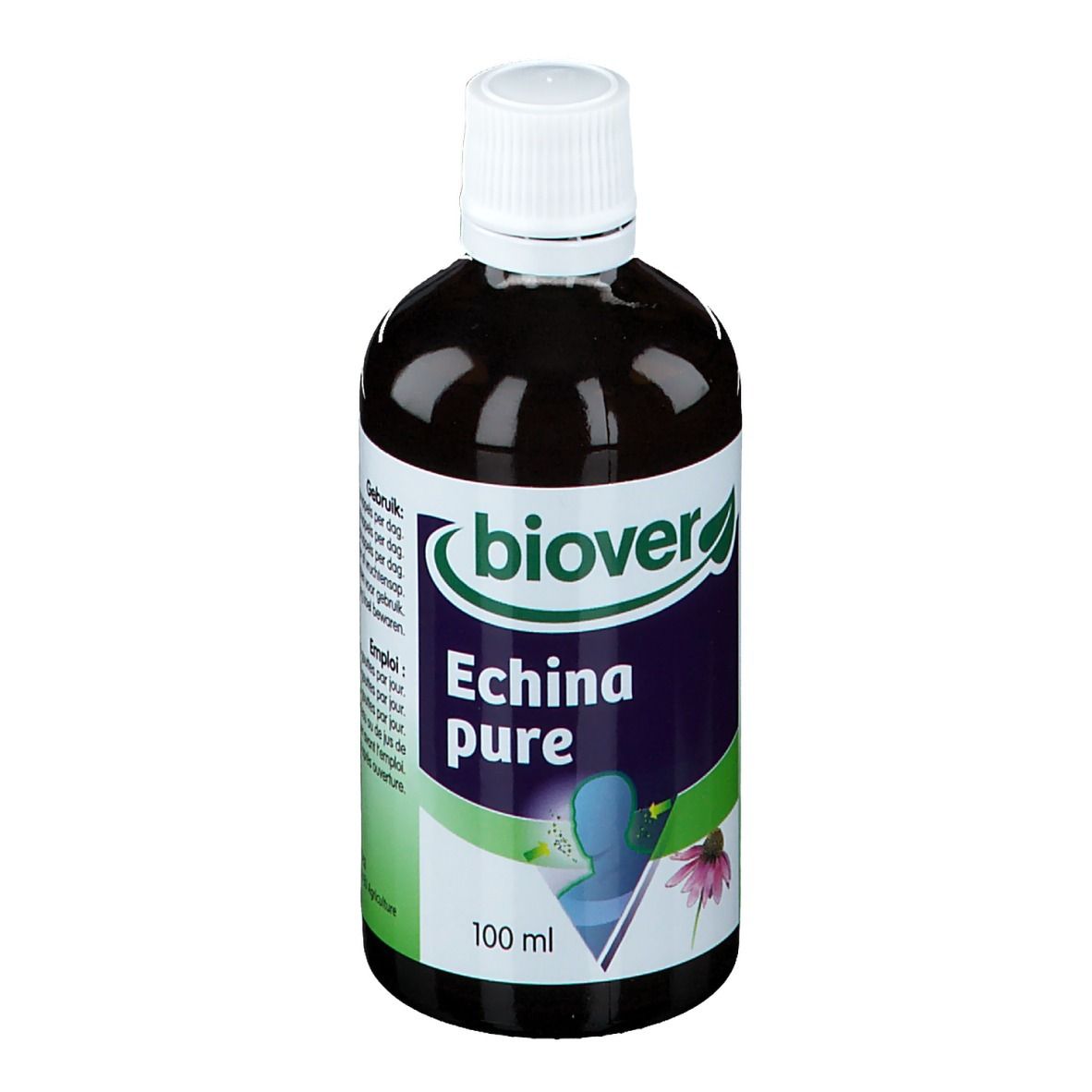 Bruine vloeistof in een fles met witte dop. Opschrift: Echina pure, 100 ml. Merk Biover.