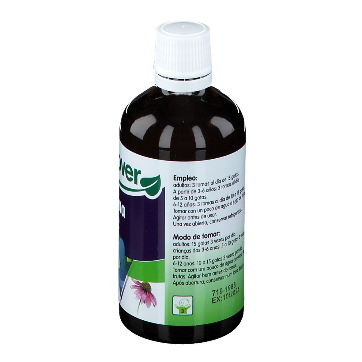Achterkant van een fles met bruine vloeistof. Opschrift: Echina pure. Dosering instructies. Bio-label.