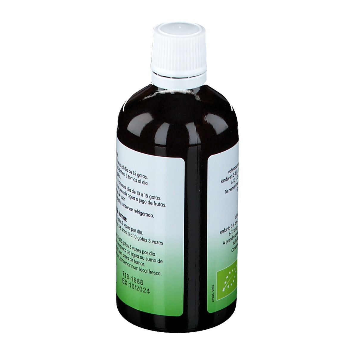 Achterkant van een fles met bruine vloeistof. Opschrift: Echina pure. Dosering instructies. Bio-label.