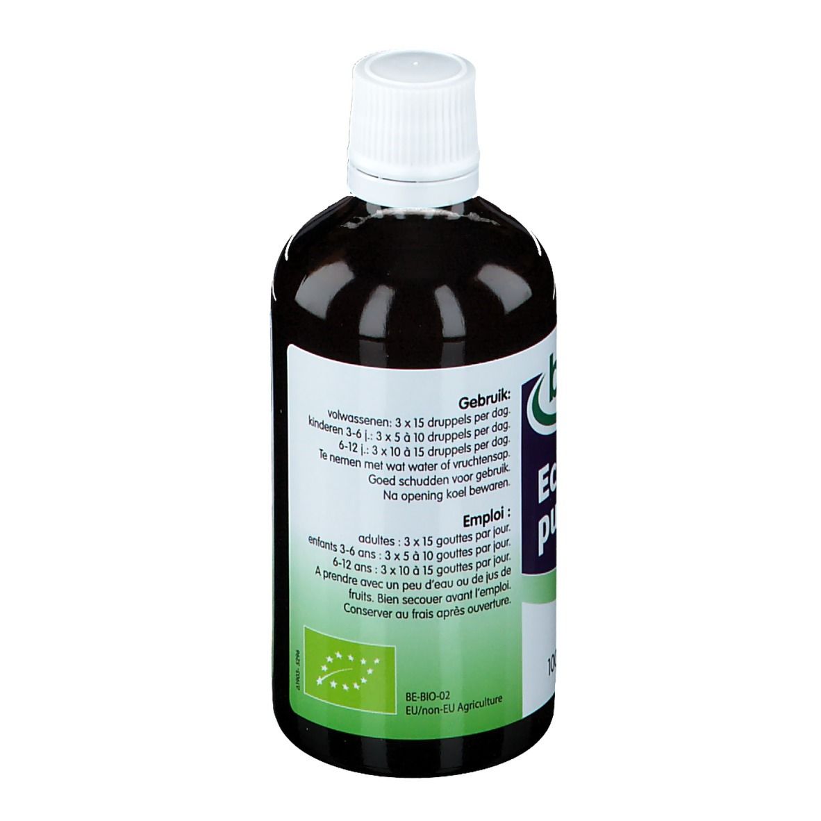 Achterkant van een fles met bruine vloeistof. Opschrift: Echina pure. Dosering instructies. Bio-label.