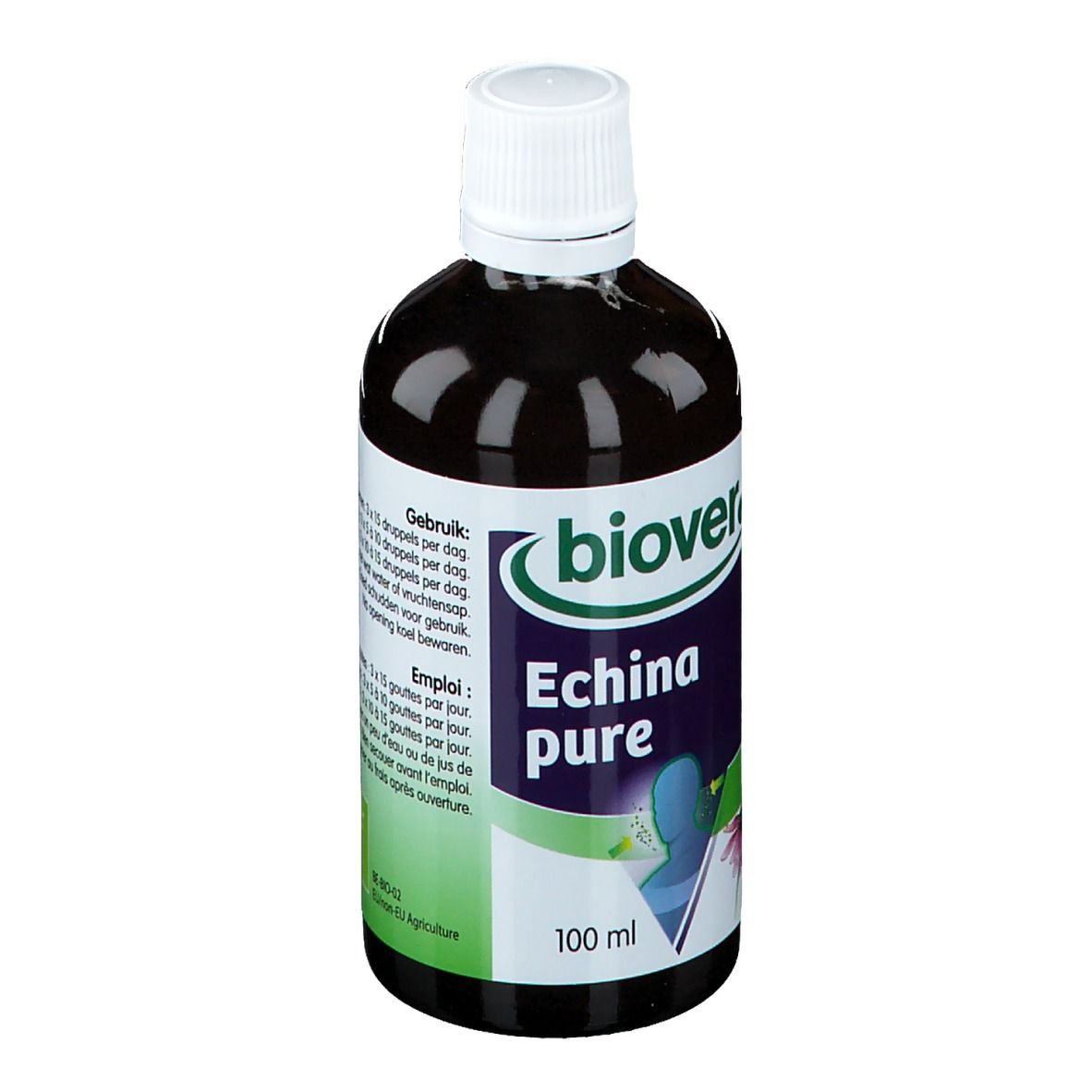 Bruine vloeistof in een fles met witte dop. Opschrift: Echina pure, 100 ml. Merk Biover.