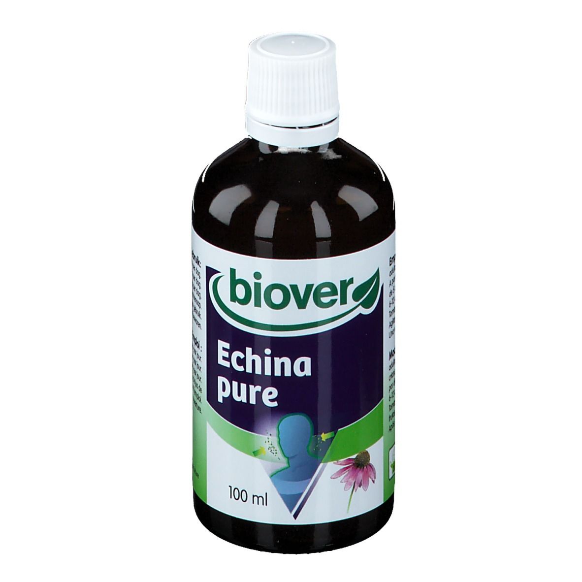 Bruine vloeistof in een fles met witte dop. Opschrift: Echina pure, 100 ml. Merk Biover.
