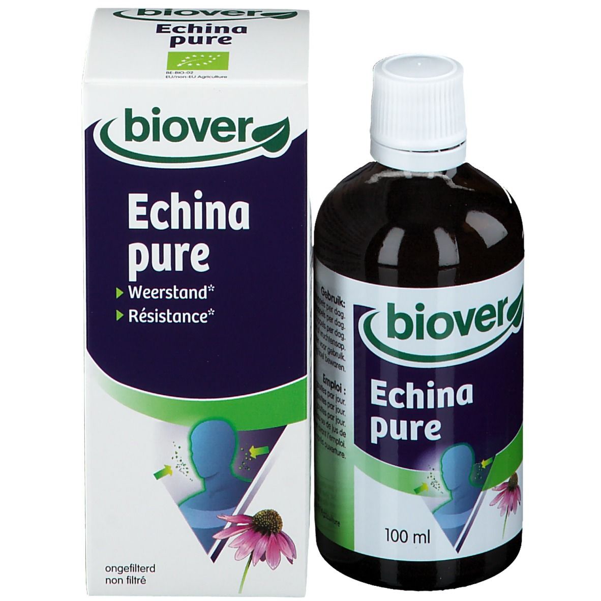 Fles en doos. Fles met bruine vloeistof, witte dop. Doos met opschrift: Echina pure, Weerstand, Résistance.