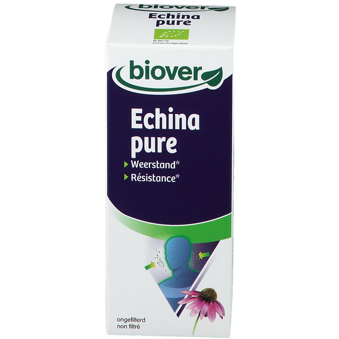 Witte doos met productopdruk. Opschrift: Echina pure, Weerstand, Résistance. Illustratie van een persoon en bloem.
