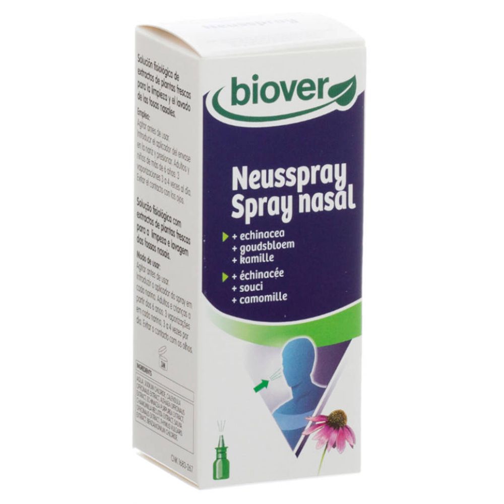 Boîte blanche avec impression du produit. Inscription : Biover, Neusspray Spray nasal. Contient échinacée, camomille, etc. Avec illustrations.