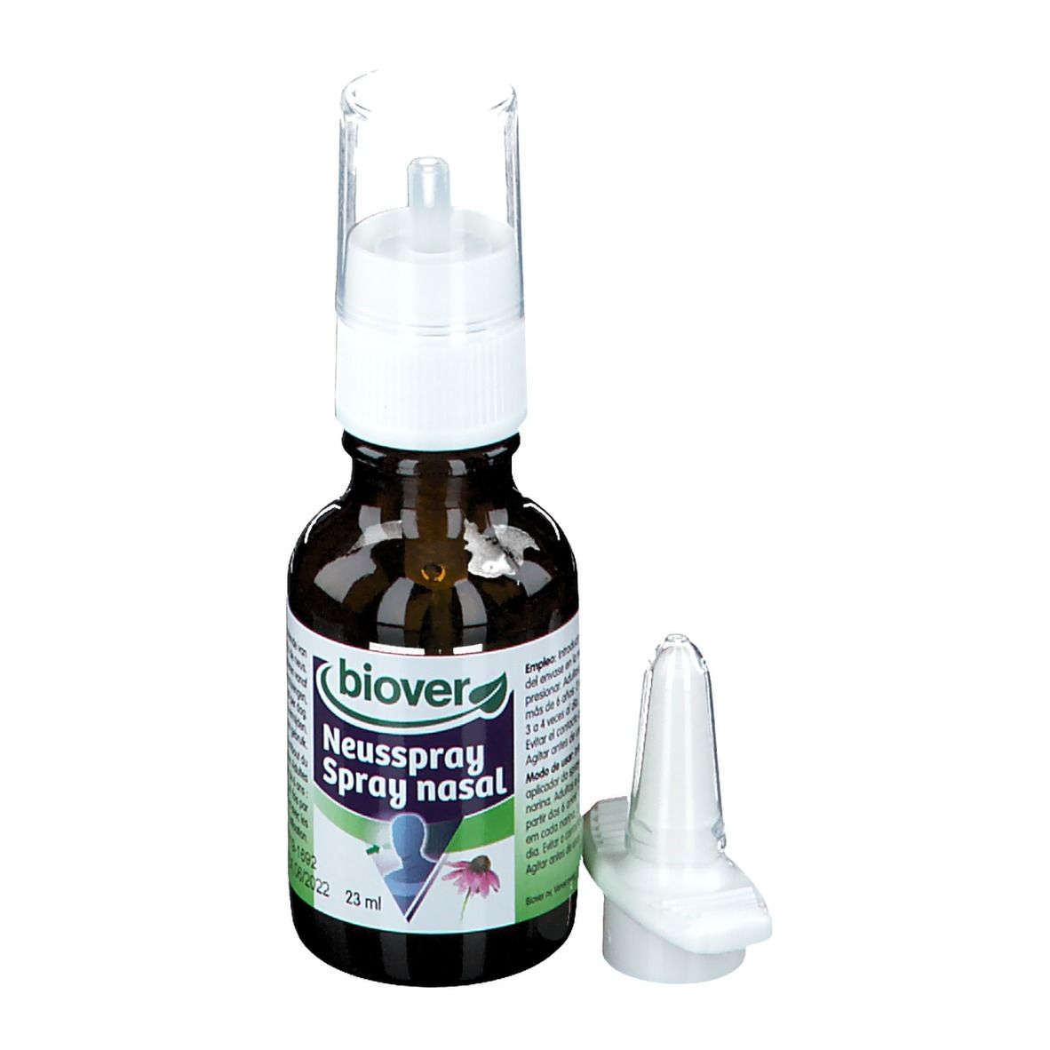 Flacon en verre brun avec pulvérisateur et embout séparé. Inscription : Biover, Neusspray Spray nasal. 23 ml.
