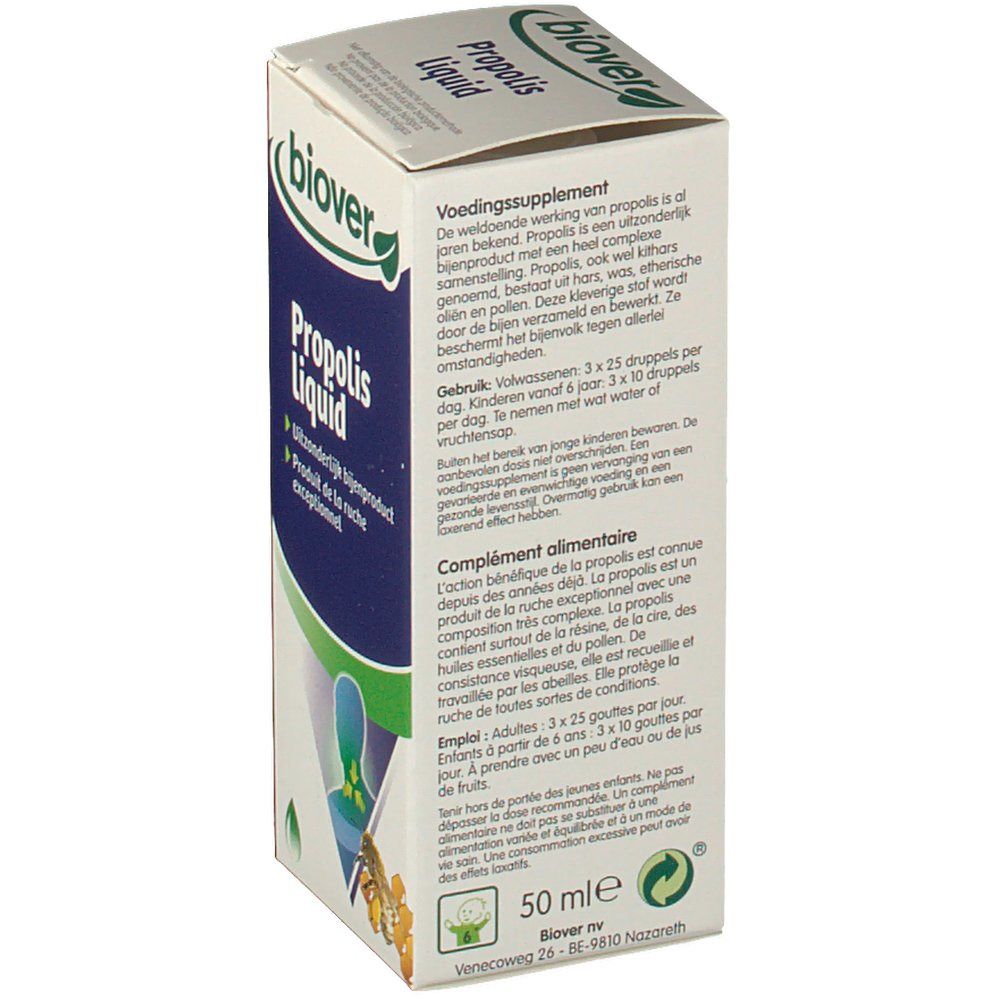 Dos de la boîte Biover Propolis Liquid. Texte multilingue. Informations sur l'utilisation et les ingrédients. 50 ml.