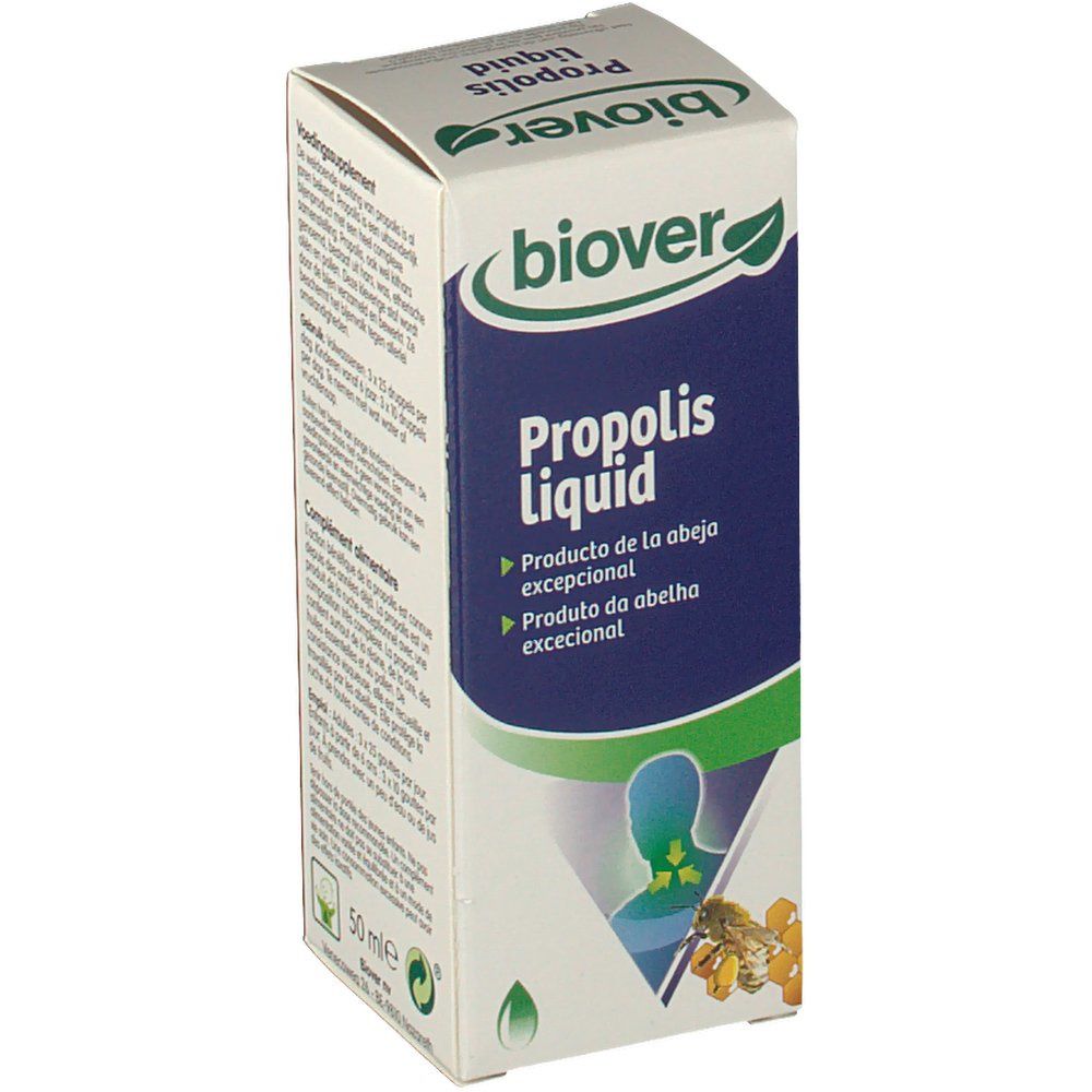 Boîte de Biover Propolis Liquid. Carton blanc avec zone bleue. Logo et nom du produit visibles. Illustration d'une personne et d'abeilles.