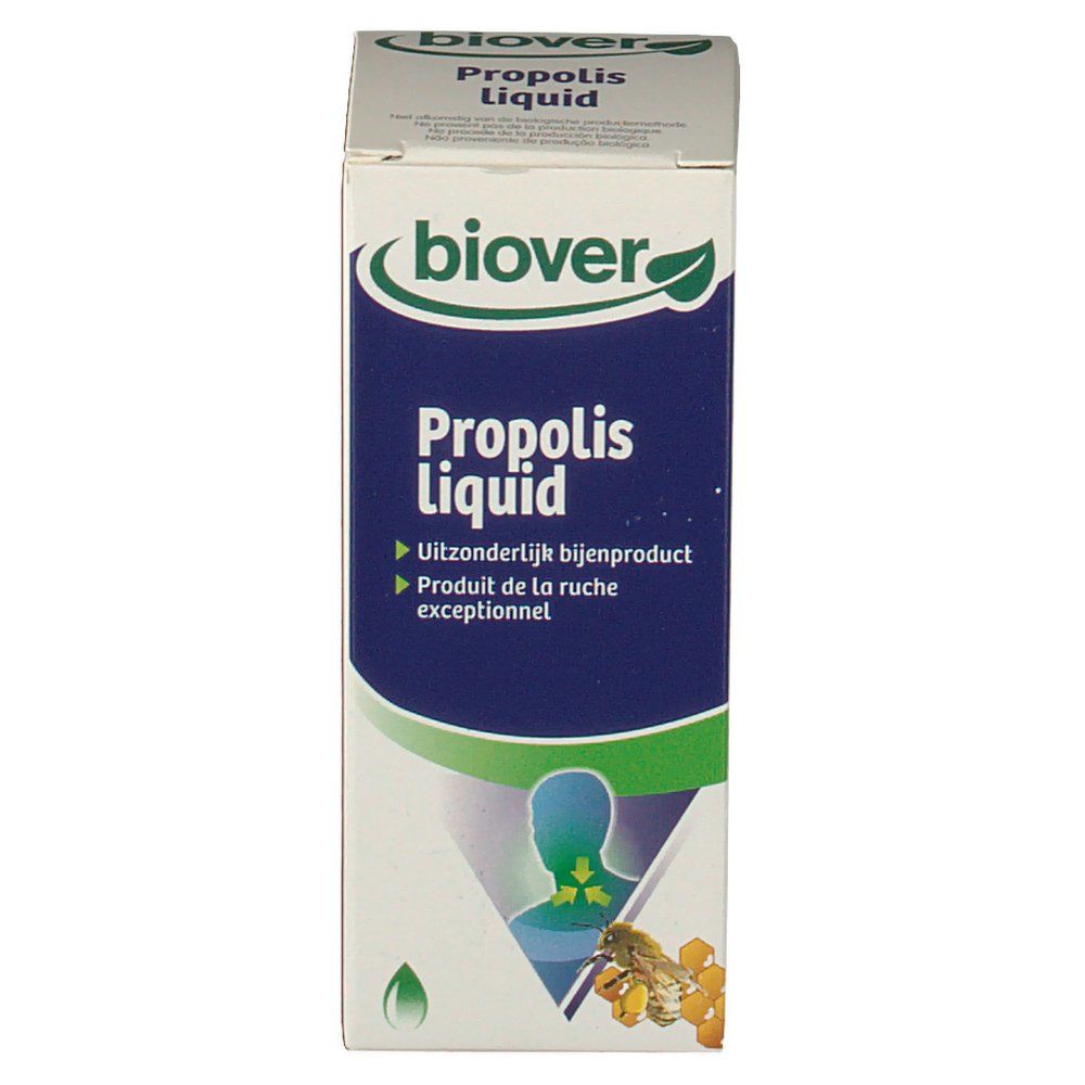 Boîte de Biover Propolis Liquid. Carton blanc avec zone bleue. Logo et nom du produit visibles. Illustration d'une personne et d'abeilles.