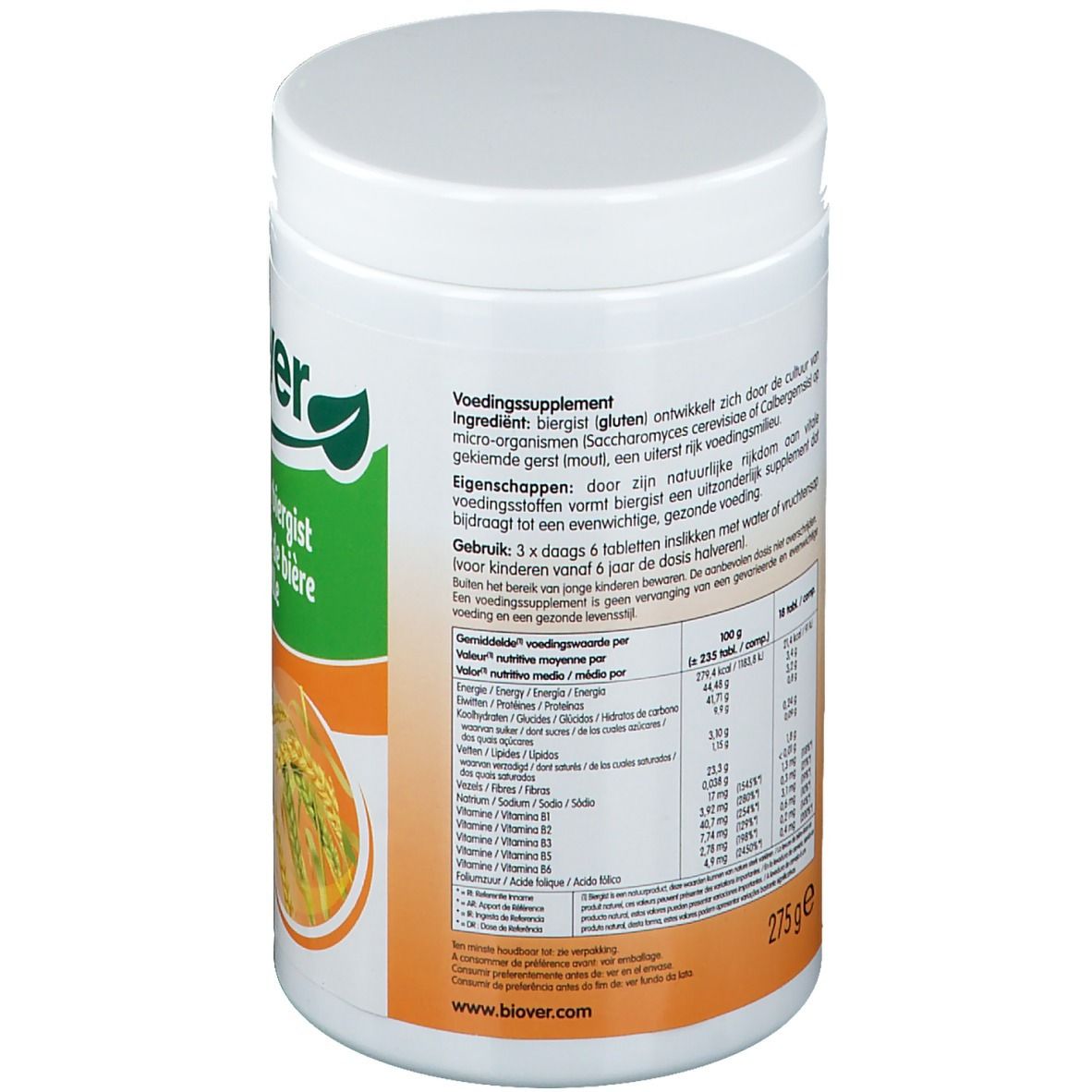 Récipient blanc avec couvercle. Étiquette avec informations nutritionnelles et ingrédients. Texte en néerlandais.