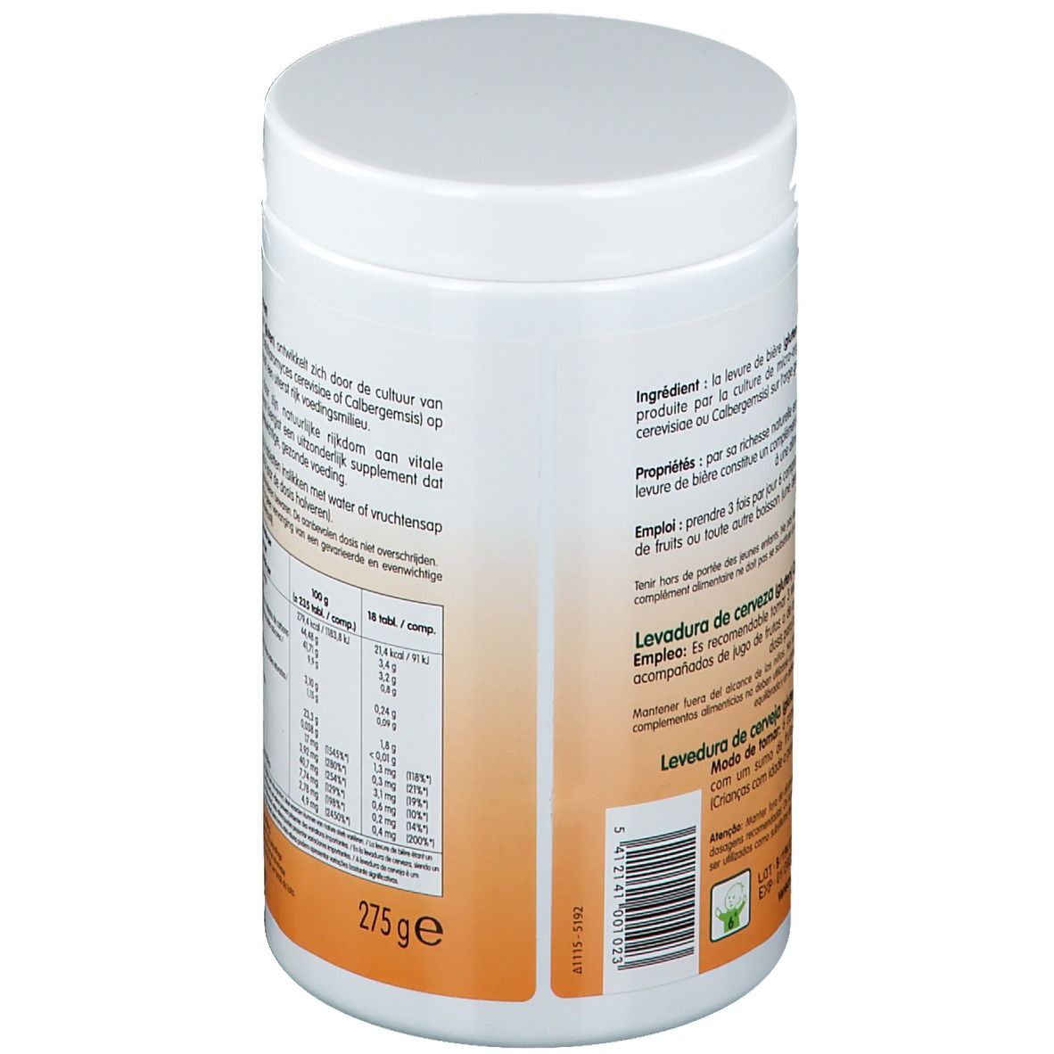 Récipient blanc avec couvercle. Étiquette avec informations nutritionnelles et ingrédients. Texte multilingue.