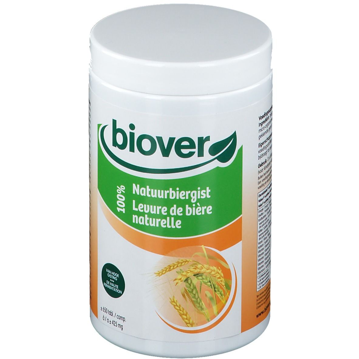 Récipient blanc avec couvercle. Étiquette verte et blanche avec nom du produit et logo. Épis de blé.