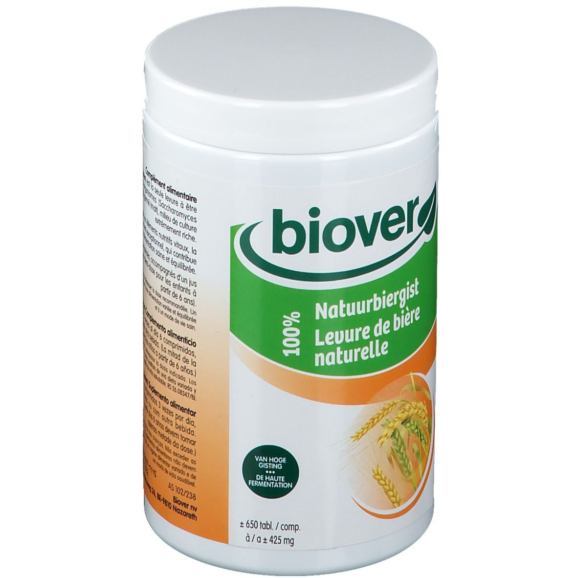 Récipient blanc avec couvercle. Étiquette verte et blanche avec nom du produit et logo. Épis de blé.