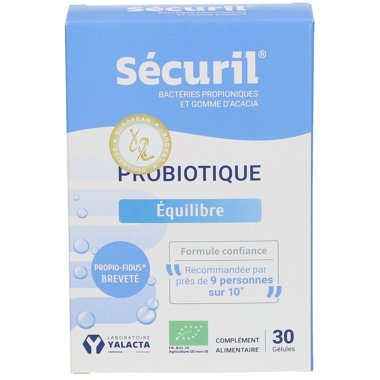 Boîte bleue et blanche avec logo "Sécuril". Contient 30 gélules. Texte : "Probiotique Équilibre". Certifications et logo.