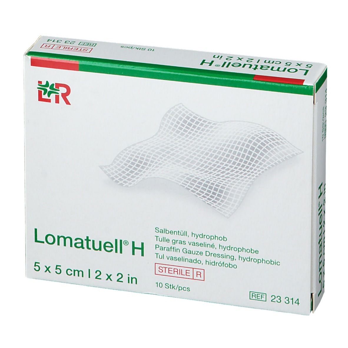 Boîte de Lomatuell H, 5 x 5 cm. Compresse de gaze paraffinée hydrophobe. 10 pièces.