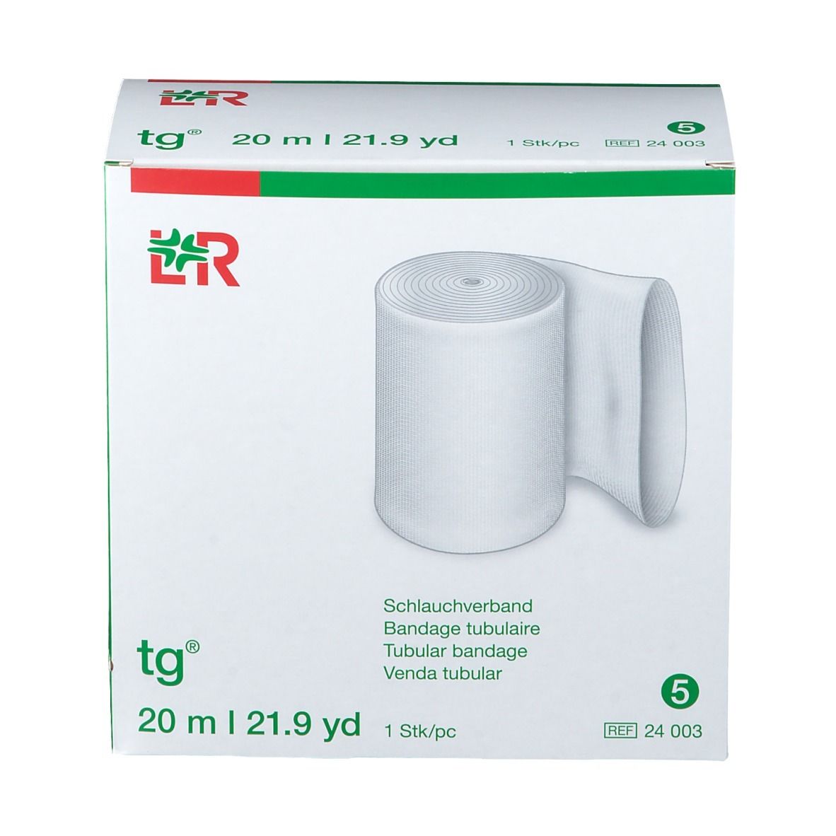Pansement tubulaire blanc enroulé dans une boîte blanche. Texte: tg®, 20 m | 21.9 yd, 5 pièces. 'Pansement tubulaire' est écrit sur la boîte.