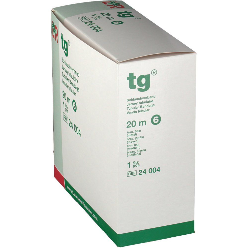 tg® bandage tubulaire de 20 m, dans un emballage blanc incliné. Informations produit visibles.