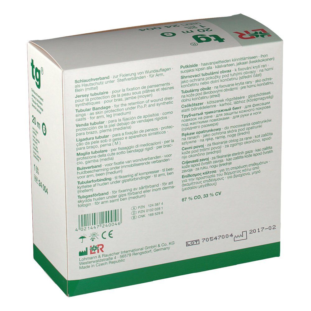 Emballage tg® bandage tubulaire de 20 m, avec informations produit multilingues. Texte au dos.