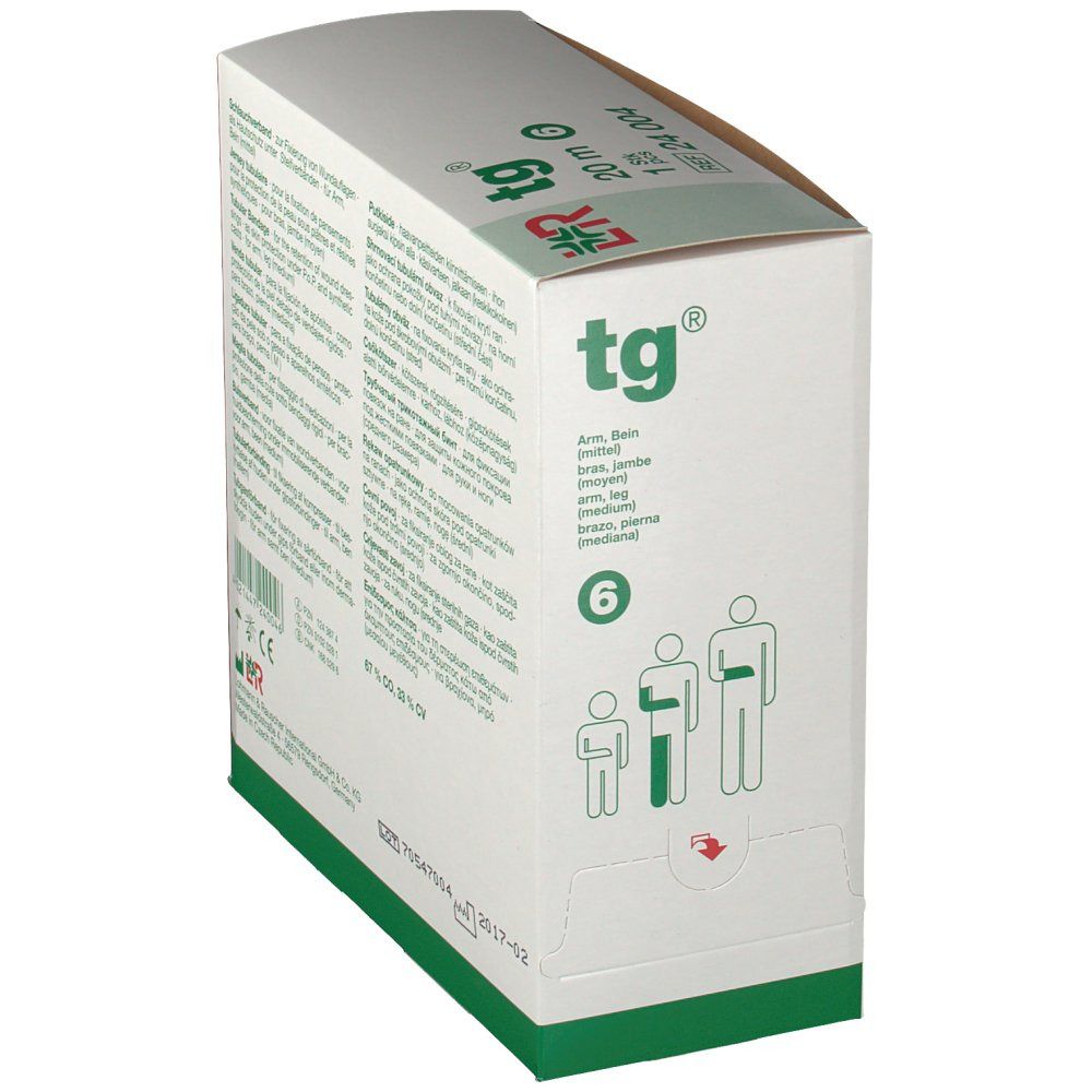Emballage tg® bandage tubulaire de 20 m, avec pictogrammes. Vue latérale avec indications de taille.