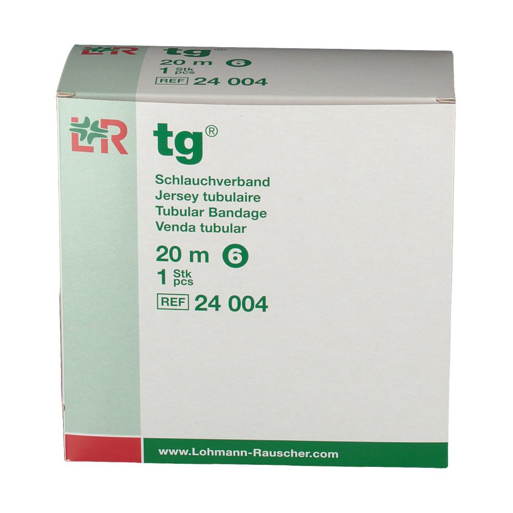 tg® bandage tubulaire de 20 m, emballage blanc. Contient 1 pièce. Marque et informations produit clairement visibles.