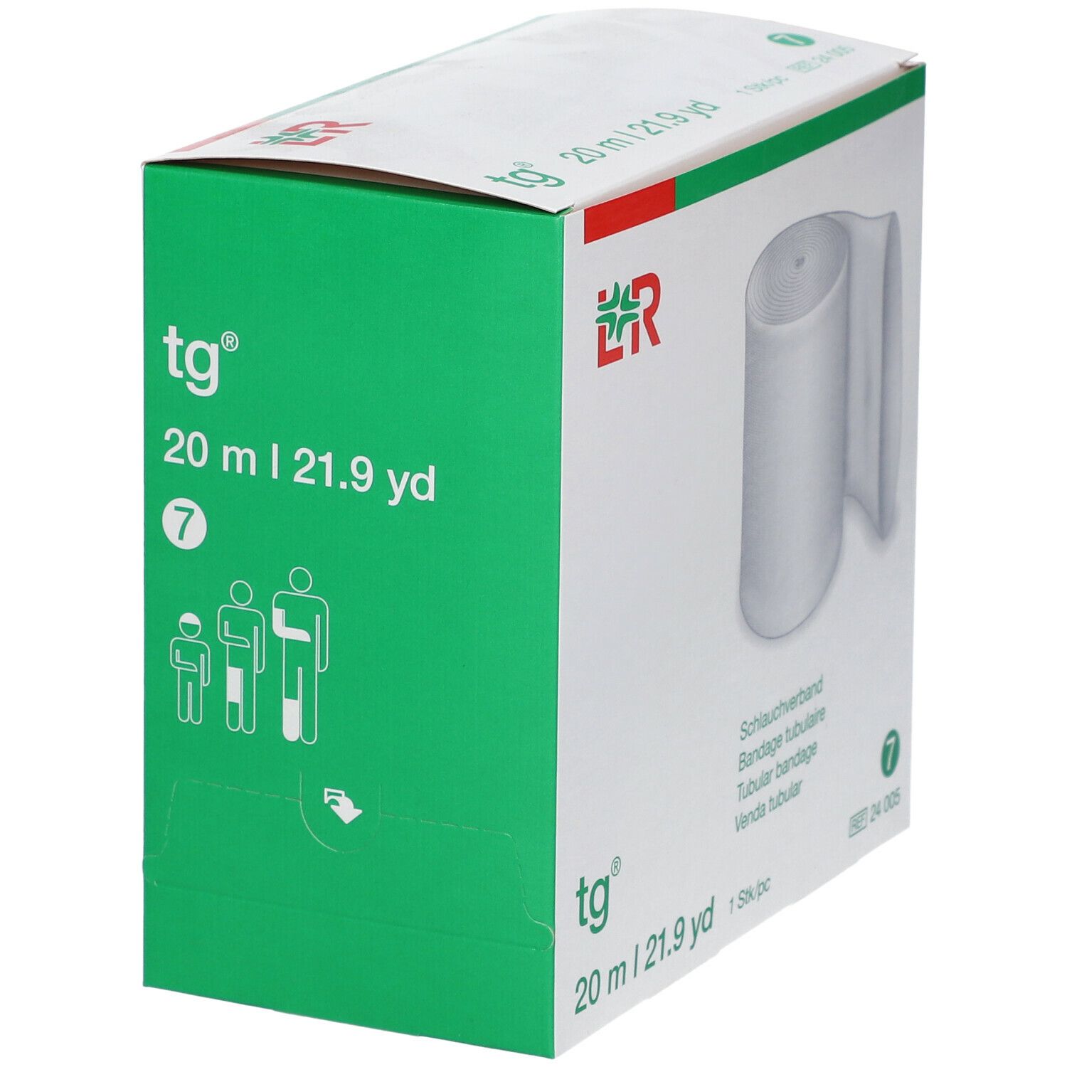 Emballage carton avec accent vert. Inscriptions: tg®, 20 m | 21.9 yd, 7. Pictogrammes. Logo.