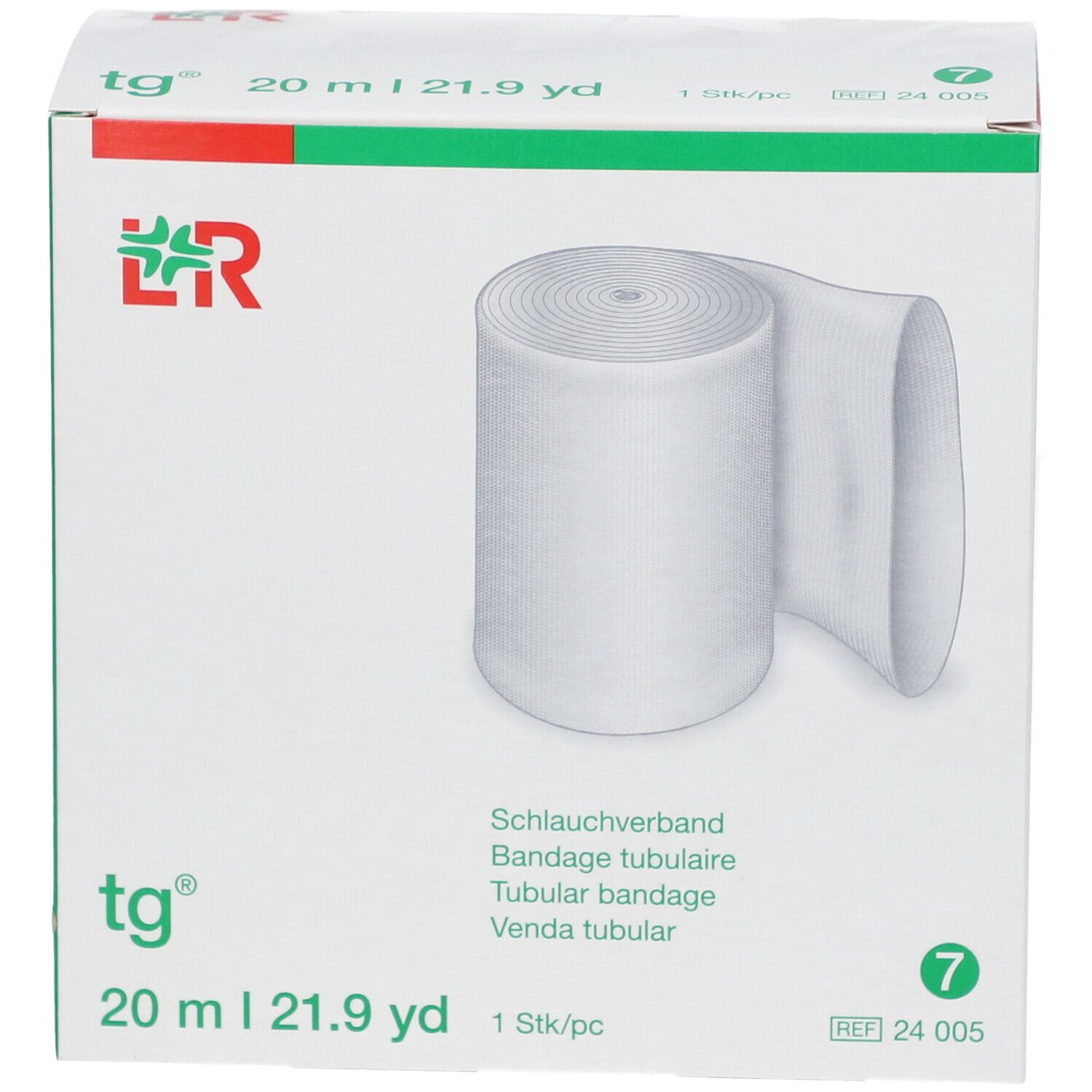Bande tubulaire blanche en boîte. Inscriptions: tg®, 20 m | 21.9 yd, 7, 1 pc. Logo.